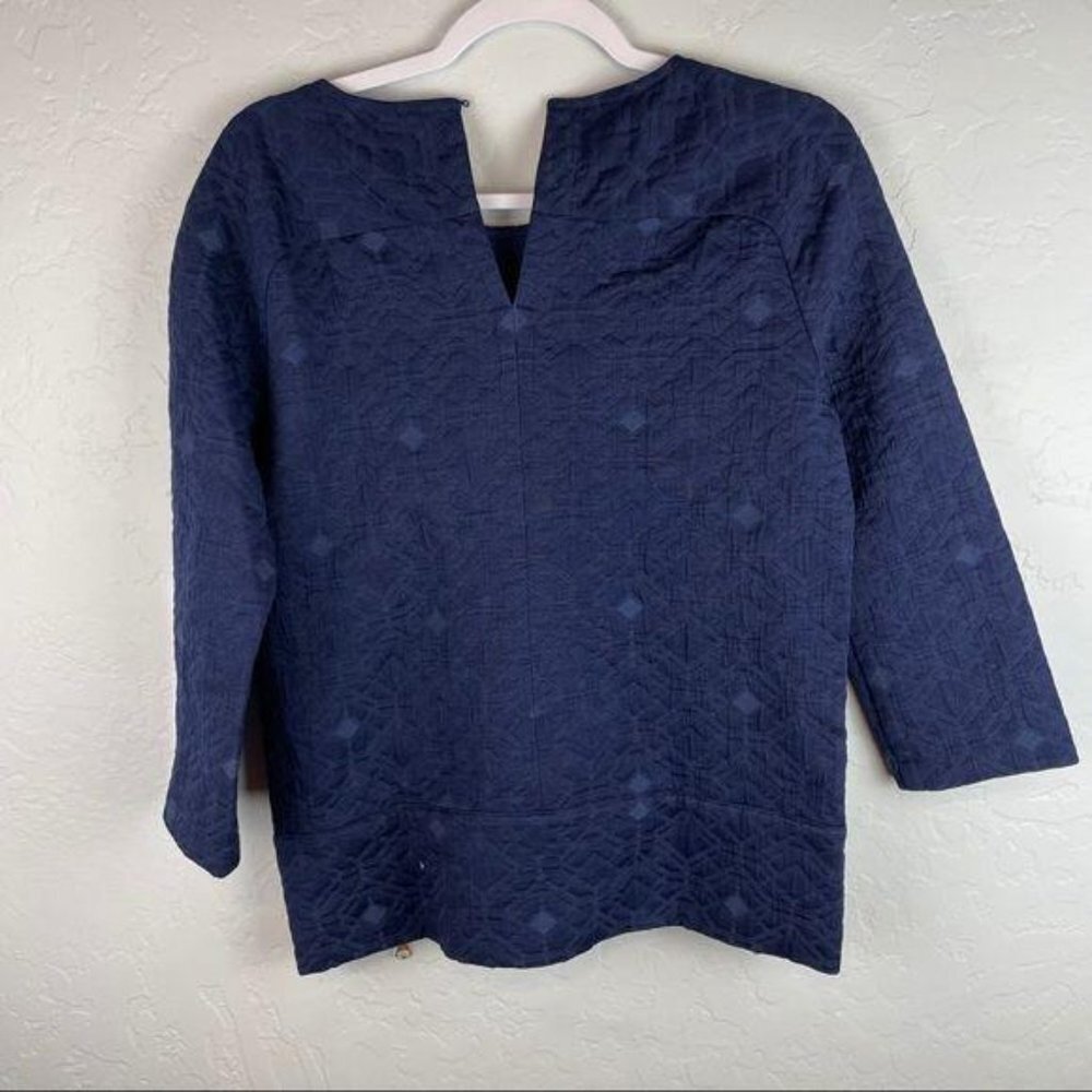J Crew Blue Brocade Quilted Zip Layering Top Womens Size 00 3/4 Sleeve Side Zips - Picture 9 of 9